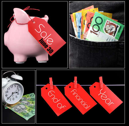 Australian End of Financial Year collage of savings, sale, spending and money in pocket concept...