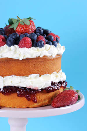 Fresh whipped cream and berries layer sponge cake on pink cake stand against pale blue and white...