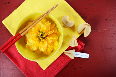 Happy Chinese New Year celebration party table on red wood background.の写真素材