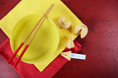 Happy Chinese New Year celebration party table on red wood background.の写真素材