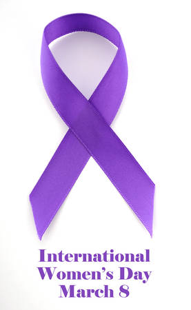 International Womens Day, March 8, purple ribbon on white background with sample text, vertical.