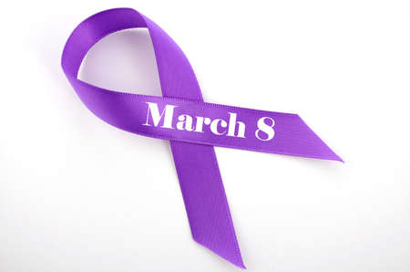 International Womens Day, March 8, purple ribbon on white background with sample text.