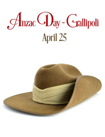 ANZAC army soldier slouch hat on white background with Anzac Day, Gallipoli, April 25 sample text title.の写真素材