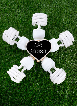Earth Day, April 22, concept with energy saving light bulbs on grass.