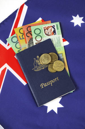 Australian Money with passport for travel concept.の写真素材