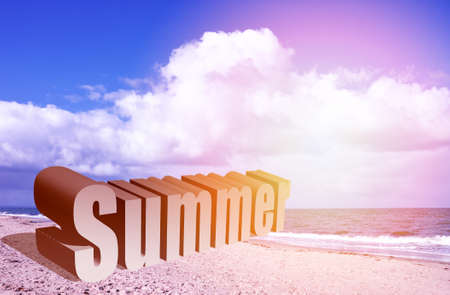 Summer concept with 3d text into ocean beach scene with applied filters and lens flare.の写真素材