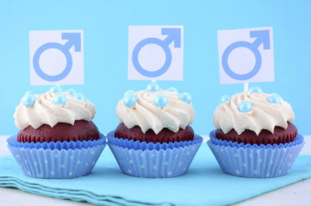 International Mens Day Cupcakes with Male Symbols on pale blue and white wood background.の写真素材