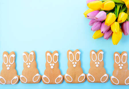 Happy Easter Gingerbread Cookie Bunnies with Spring tulips on pale blue wood table background.の写真素材