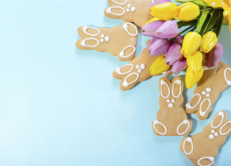 Happy Easter Gingerbread Cookie Bunnies with Spring tulips on pale blue wood table background, with copy space.の写真素材
