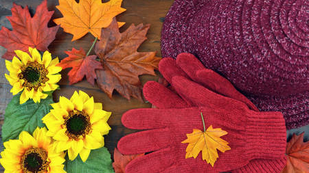 Autumn Fall overhead with seasonal hat and gloves on a rustic wood background.の写真素材