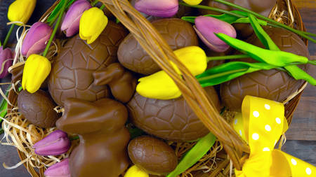 Happy Easter hamper of chocolate eggs and bunny rabbits in large basket with silk tulips on dark wood tableの写真素材