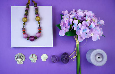 Flat lay overhead mood board layout for ultra violet, color of the year, 2018.の写真素材