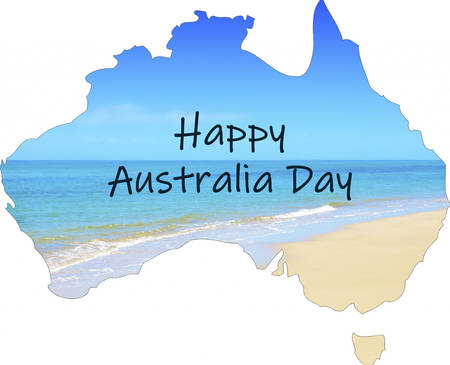Map of Australia showing vast wide open sandy beach and blue skies with Happy Australia Day text greeting.の写真素材