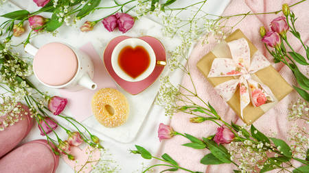 Feminine leisure and relaxation flat lay overhead, sunday morning brunch, Mothers Day, birthday or Valentines celebration.の写真素材