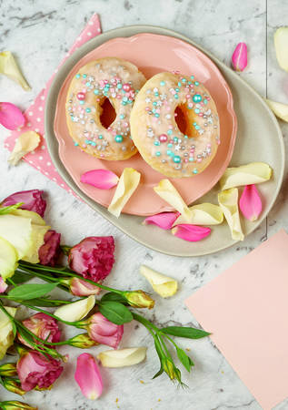 Feminine leisure and relaxation flat lay overhead, sunday morning brunch, Mothers Day, birthday or Valentines celebration.の写真素材