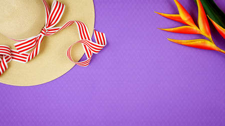Summer vacation theme flatlay overhead with sunhat on purple background.
