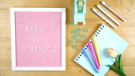 Pink notice board with Back to School message flatlay.の写真素材
