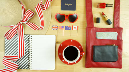 Travel concept overhead, coffee break planning with accessories.の写真素材