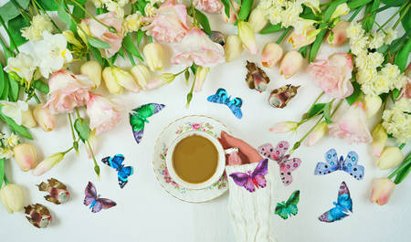 Hello Springtime relaxing tea break concept flat with spring flowers and butterflies.