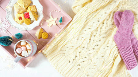 Cozy Christmas indoors tray of goodies with with copy space.の写真素材