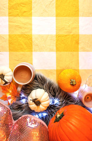 Happy Thanksgiving hygge style on trend autumn in bed flat lay with pumpkins.の写真素材