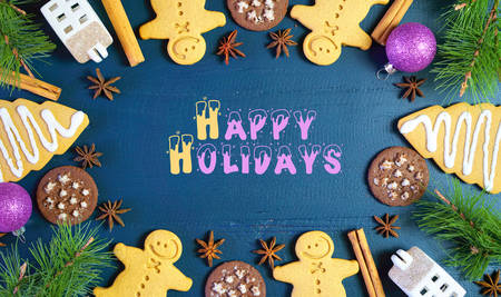 Christmas holiday flat lay composition of gingerbread and chocolate cookies.
