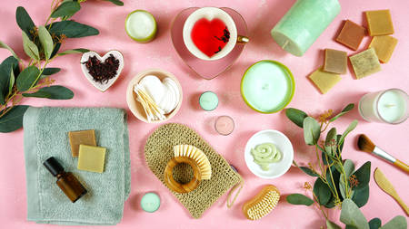 Self-care wellbeing flatlay with pro environmental plastic free beauty products.の写真素材