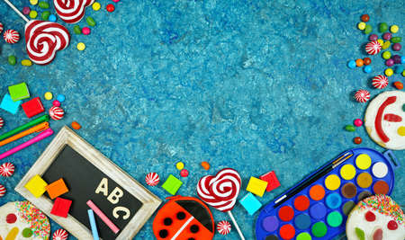 Back to School theme creative layout flat lay with negative copy space.の写真素材