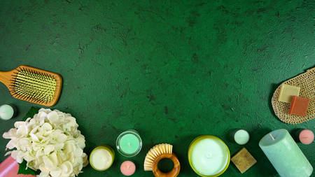 Wellness background framed by pro environmental plastic free beauty productsの写真素材