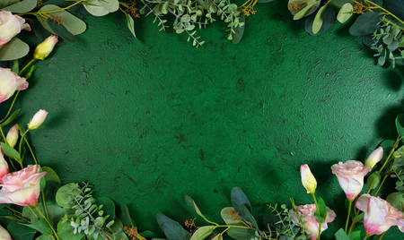 Dark green aesthetic nature theme creative layout flat lay background.の写真素材
