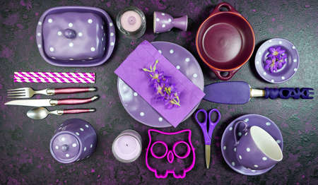 Purple aesthetic creative concept flatlay with purple theme tableware.の写真素材