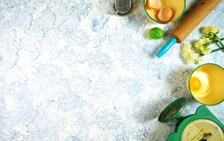 Vintage kitchenware creative layout top view on white textured background.の写真素材