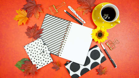 Autumn Fall desktop workspace blog header overhead flat lay.