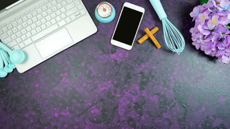 Cooking baking food theme desktop workspace on stylish purple background.の写真素材