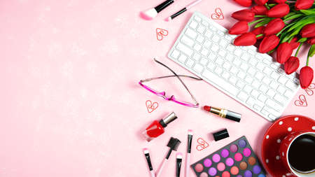Beauty makeup shopping desktop workspace blog hero header overhead flat lay.