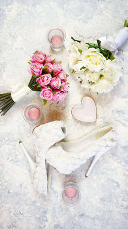 White aesthetic wedding bridal desktop workspace blog header overhead flat lay.の写真素材