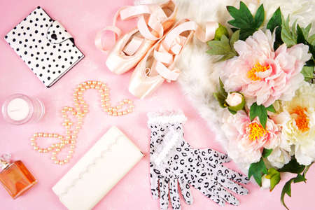 Pointe Ballet Shoes Aesthetic desktop workspace blog header overhead flat lay.の写真素材