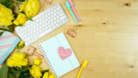 Modern feminine desktop home office workspace blog hero header flat lay.の写真素材