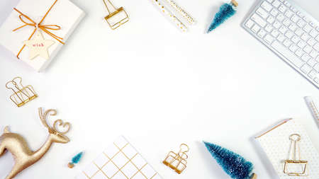 Christmas Shopping Modern Gold and White desktop blog header overhead flat lay.