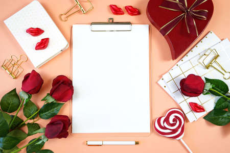 Valentines Day desktop accessories mockup. Top view flat lay blog hero header.