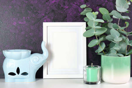 Zen style Picture Frame Mock up against a purple background.の写真素材