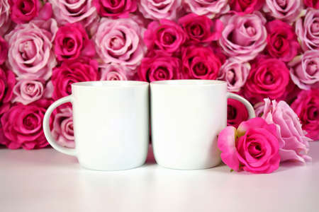 Flower wall aesthetic Mother s Day Valentine wedding coffee mug product mockup.の写真素材