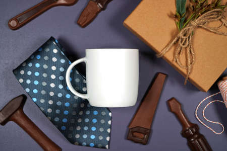 Fathers Day or masculine birthday theme white coffee cup flatlay mockup.の写真素材