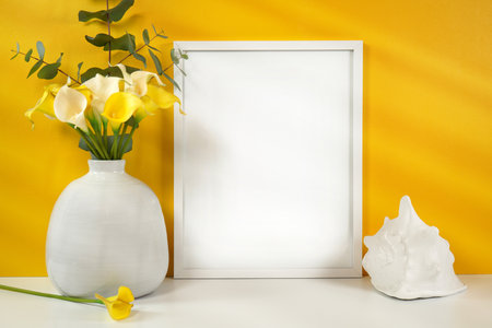 On trend shadow photography frame mockup with new season colors.の写真素材