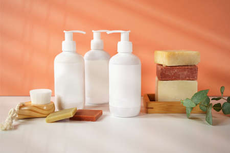 Cosmetic skincare blank container mockups in styled setting.の写真素材