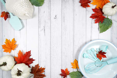 Thanksgiving flatlay framed border backdrop white wood background.の写真素材