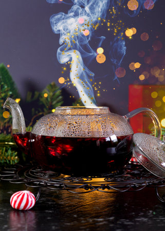 Christmas traditional spiced tea with bokeh lights.の写真素材