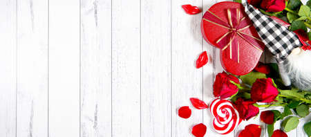 Valentines Day farmhouse theme banner on white wood background.の写真素材