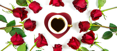 Red roses creative flat lay layout with coffee in heart shaped cup and saucer.の写真素材