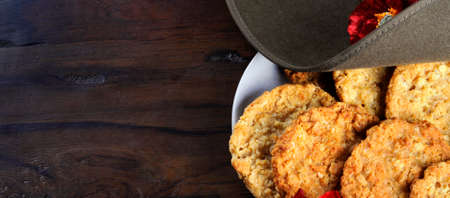 Australian army slouch hat and traditional Anzac biscuitsの写真素材